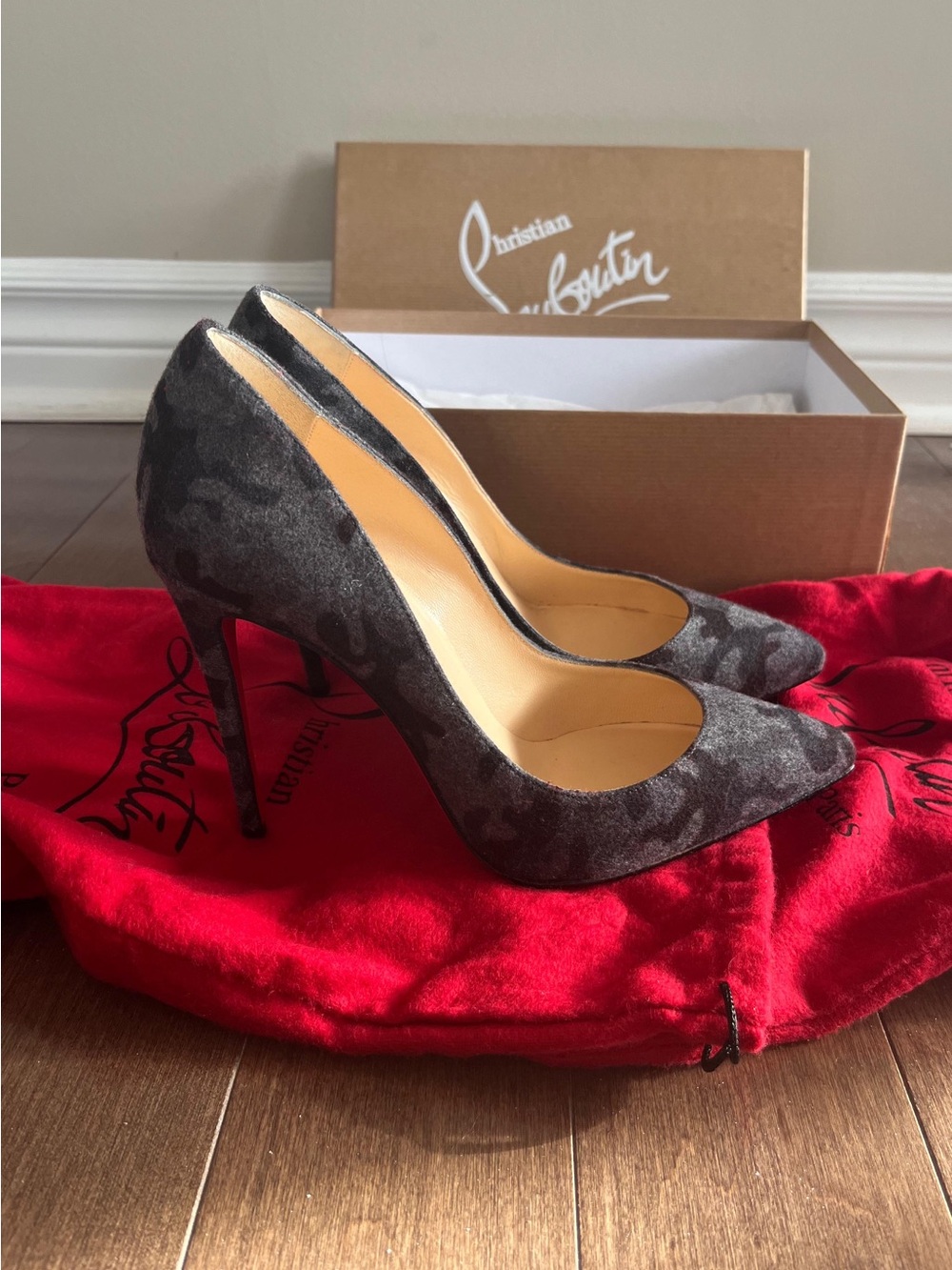 Christian Louboutin Grey Camo Suede Pointed-Toe Stiletto Pumps